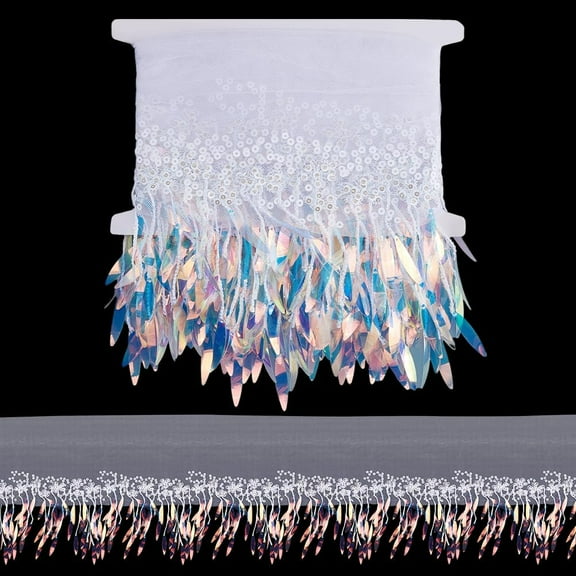 Polyester Tassel Lace Ribbon Fringe Ribbon with Laser Sequins Clothes Decoration White 11-3/8 inch(290mm)