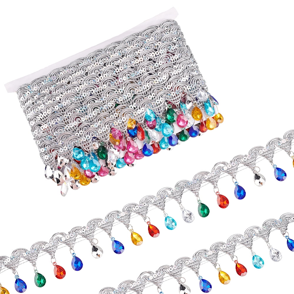 Polyester Tassel Lace Ribbon Sparkle Paillette Lace Trim with Colorful Plastic Rhinestone Fringe Trimming for Garment Accessories Silver