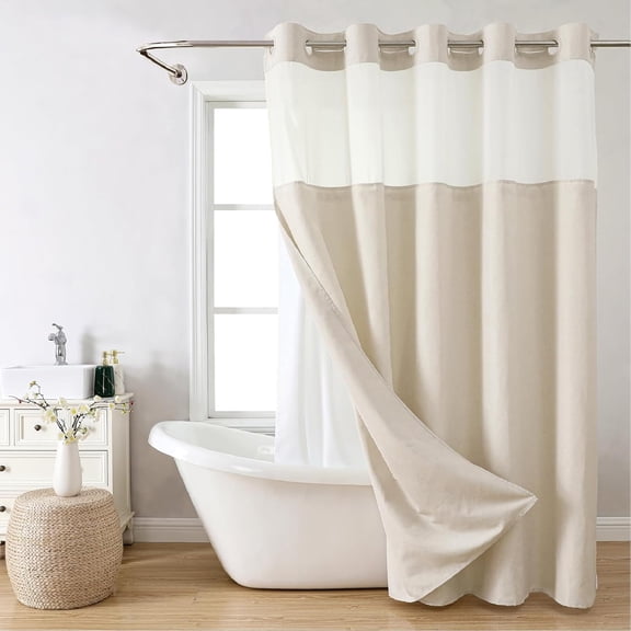 Polyester Textured Shower Curtain with Snap-In Fabric Liner, Cream, 71"W x 74"L, Hotel-Style with Sheer Top Window, Waterproof & Machine Washable