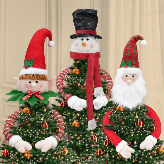 Polyester Tree Top Star 1Pcs Christmas Tree Topper Santa Hat with Elfs Snowman Design Multicolor Nylon Spandex Hanging Window Holiday Decorations,117x38x34cm JASKFLY