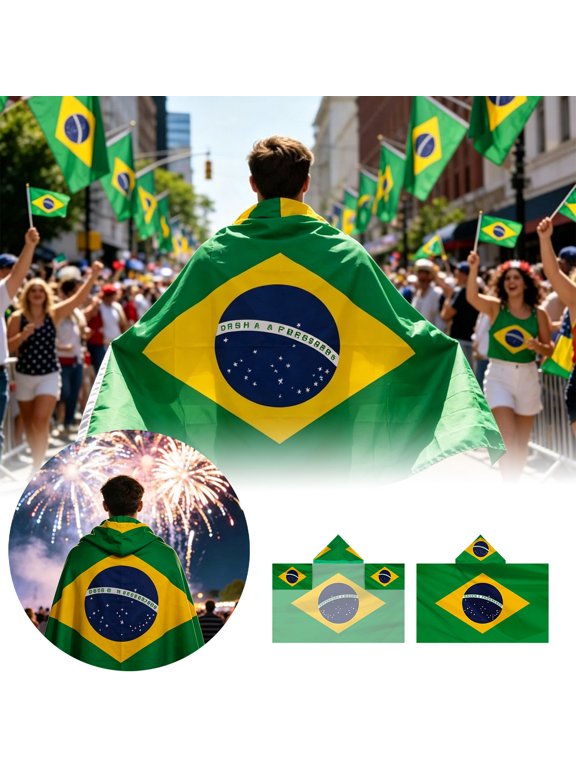 Polyester Triangle Scarf with Sleeves and Hood Brazilian Flag Pattern 90x150cm / 35.43x59.06in Green for Outdoor Festivals Men Women 1pc