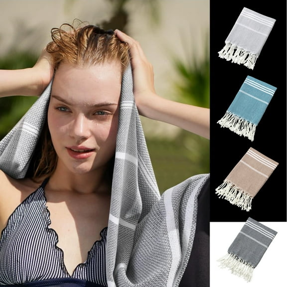Polyester Turkish Beach Towel | 90x180cm Oversized Absorbent Bath Towel | Woven Fringe Tassel | Soft Lightweight Fast Dry | Gray Blue Brown | Multi-Purpose Adult Shawl | Travel & Home Use