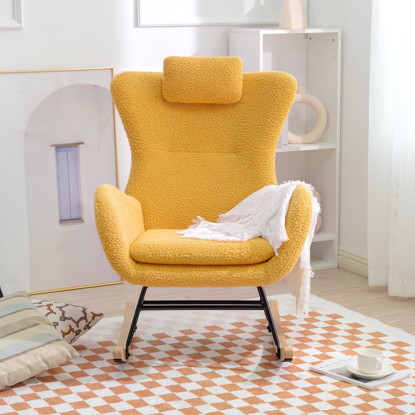 Polyester Upholstered Armchair Rocking Chair with Headrest and Side