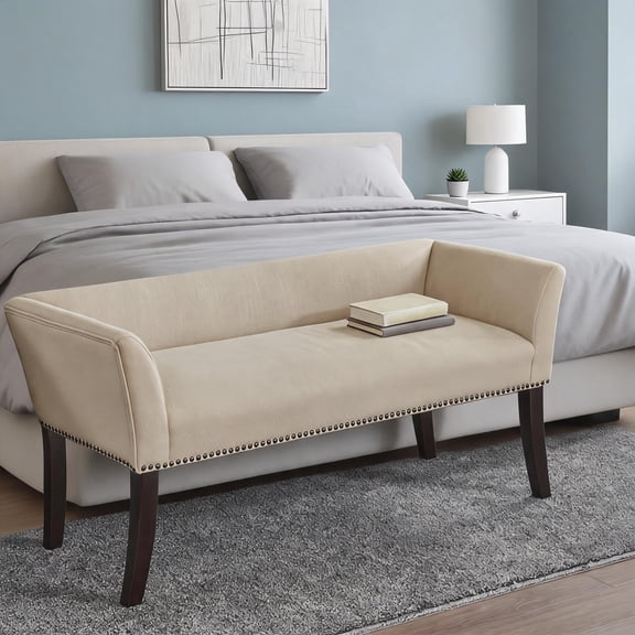Polyester Upholstered Entryway Bench with Low Back, Nailhead Accents, and Solid Wood Legs