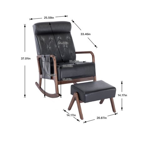 Polyester Upholstered High Backrest Accent Glider Rocker Chair With Ottoman Black+PU