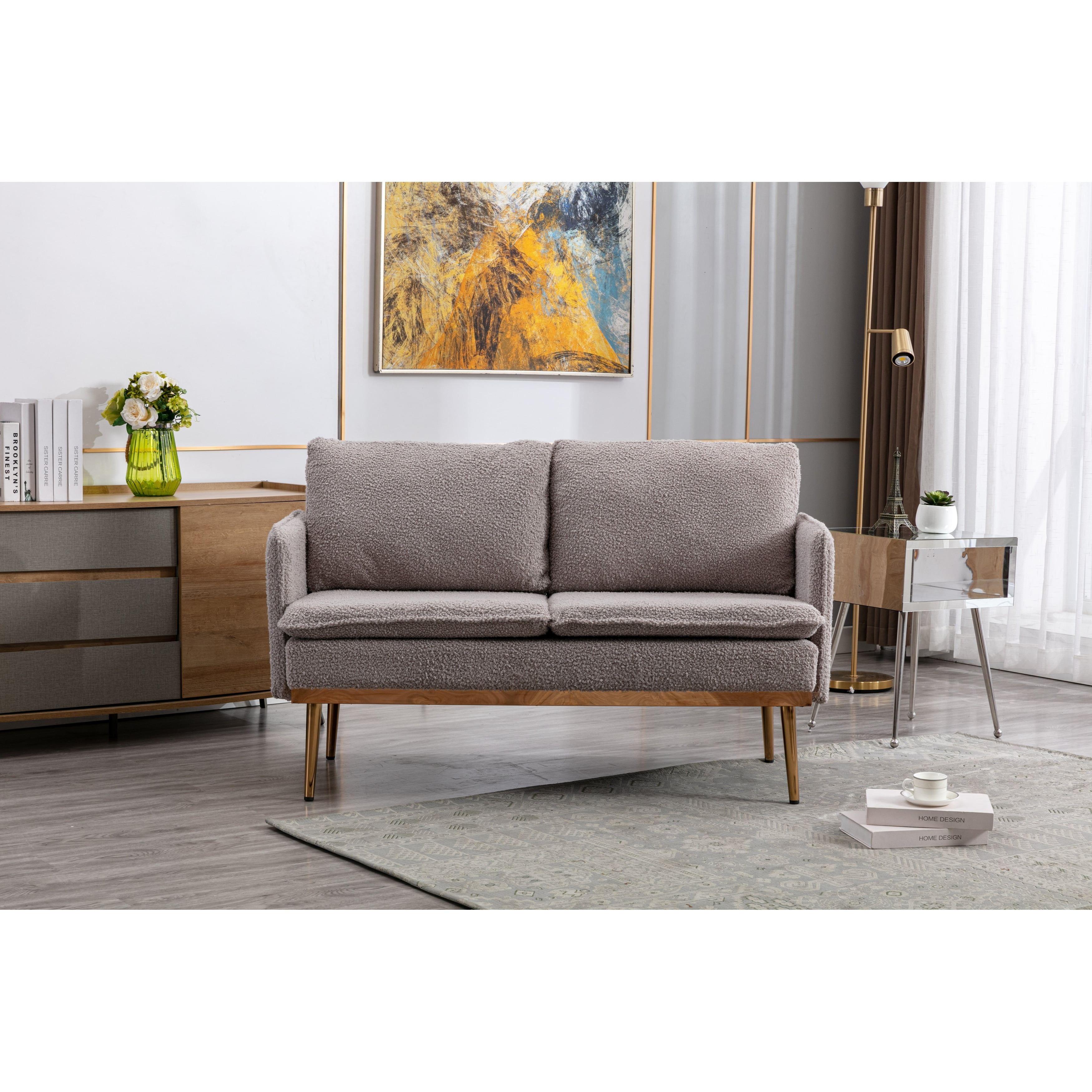 Polyester Upholstered Living Room loveseats sofa With Golden Legs Grey