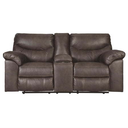 Polyester Upholstered Metal Double Reclining Loveseat with Console and Cup Holders, Teak