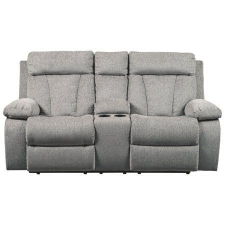 Polyester Upholstered Metal Reclining Loveseat with Console and Cup Holders, Gray