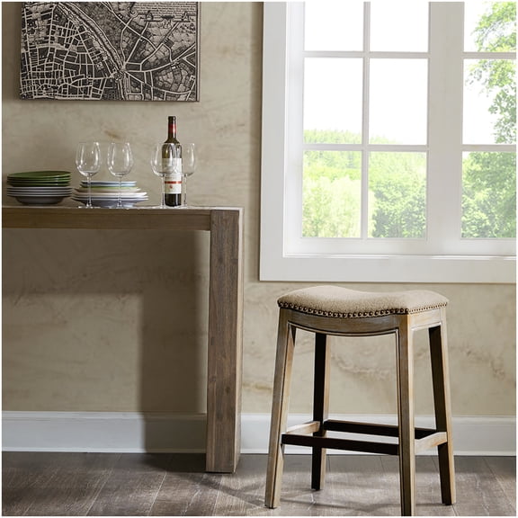 Polyester Upholstered Saddle Stool, Backless Counter Height Stool with Wood Legs and Footrest
