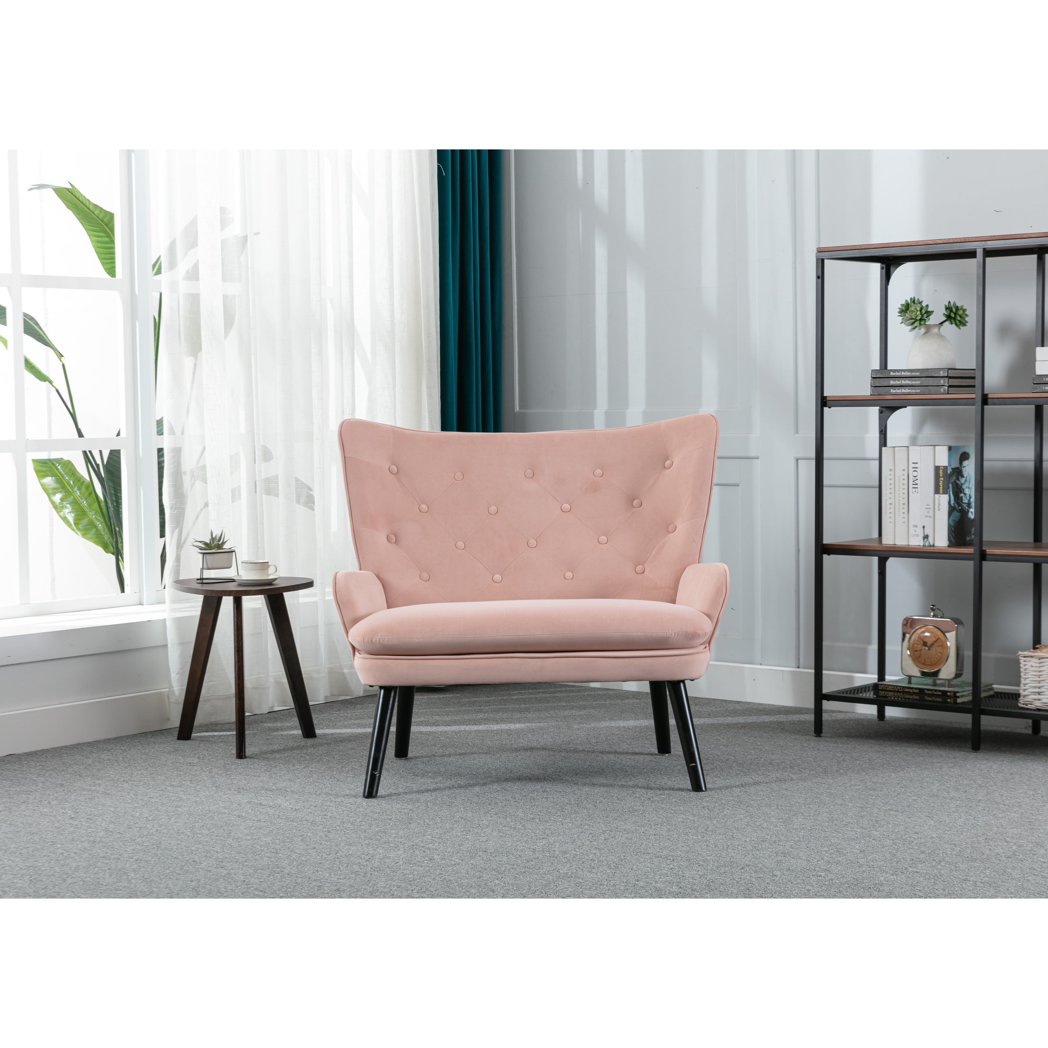 Polyester Upholstered Tufted High Back Loveseats Chair With Wood Legs