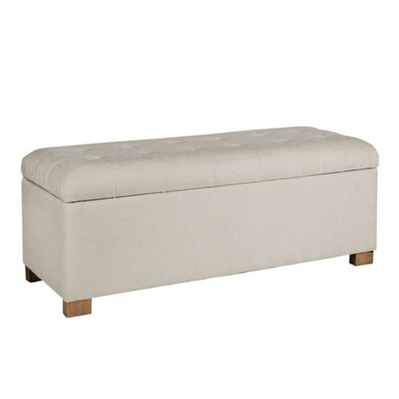 Benjara Polyester Upholstery Bench With Button Tufted Hinged Lid Storage And Wood Feet, Large, Light Gray