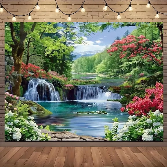 A Polyester Waterfall And Forest Floral Scene tapestry, 3D Landscape Wall Decoration, Suitable for Home And Outdoor Parties, No Electricity Required, Banner Decoration