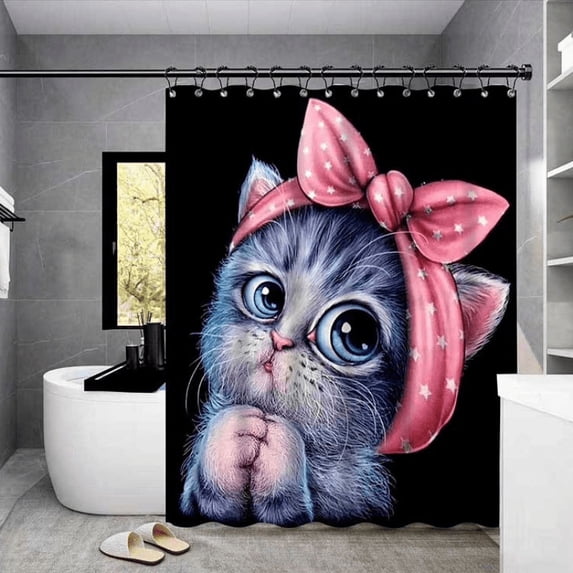 Polyester Waterproof Shower Curtain Toilet Non-perforated Partition Curtain Bathroom Shower Curtain Anti-mildew Anti-fog Cat Series 1.2M * 1.8M