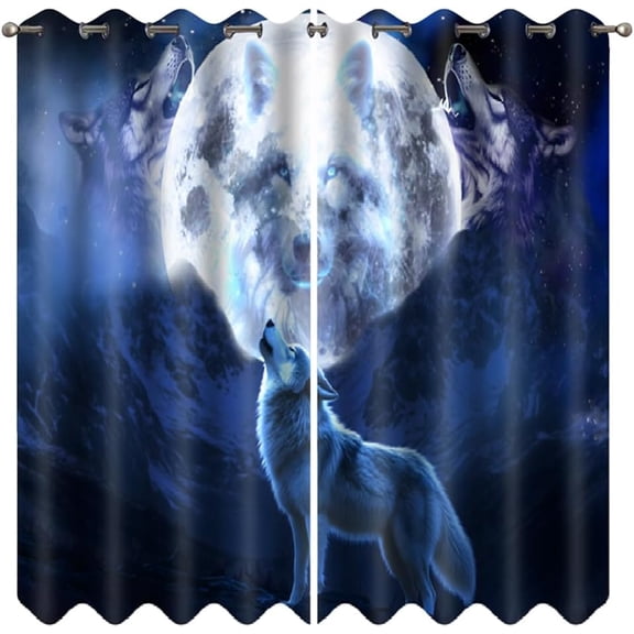 Polyester Wolf and The Moon Blackout Curtains The Wolf's Look Up Window Curtain Black Out Thermal Grommet Curtains Drapes Animal for Boy's Bedroom Game Room 104x84.2in Polyester