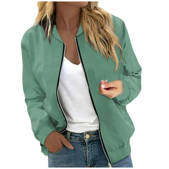 Polyester Women's Casual Jackets Ladies' Casual Thin Long-Sleeved Zippered Baseball Jacket Pocket Coat Jacket Top Green S