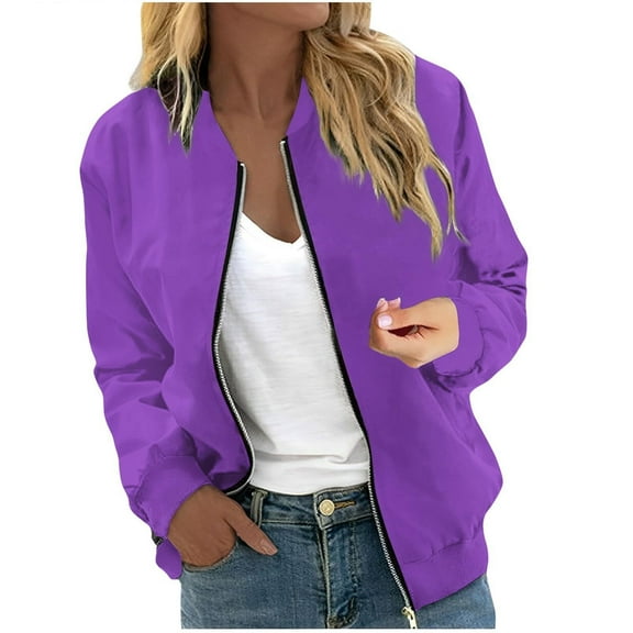 Polyester Women's Casual Jackets Ladies' Casual Thin Long-Sleeved Zippered Baseball Jacket Pocket Coat Jacket Top Purple M