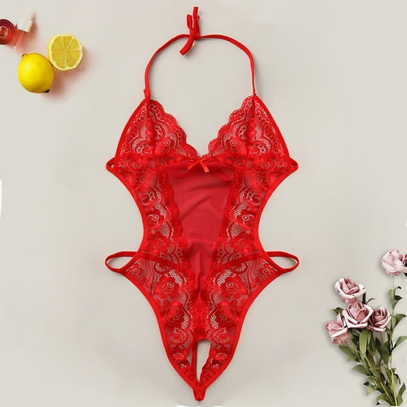 Polyester Women's Lace Underwear, Red Adjustable Elastic Underwear, Women Lace Sleepwear Bodysuit Lingerie Crotchless Backless Jumpsuit Underwear, XXL
