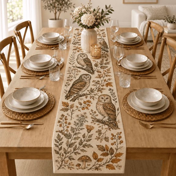 Polyester Woodland Owl Table Runner, Farmhouse Autumn Dining Decor, Nature Bird Dining Table Runner, Halloween Gift