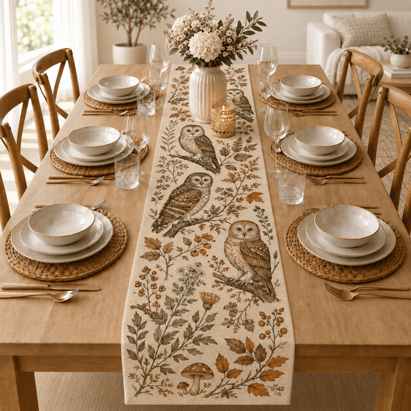Polyester Woodland Owl Table Runner, Farmhouse Autumn Dining Decor, Nature Bird Dining Table Runner, Halloween Gift