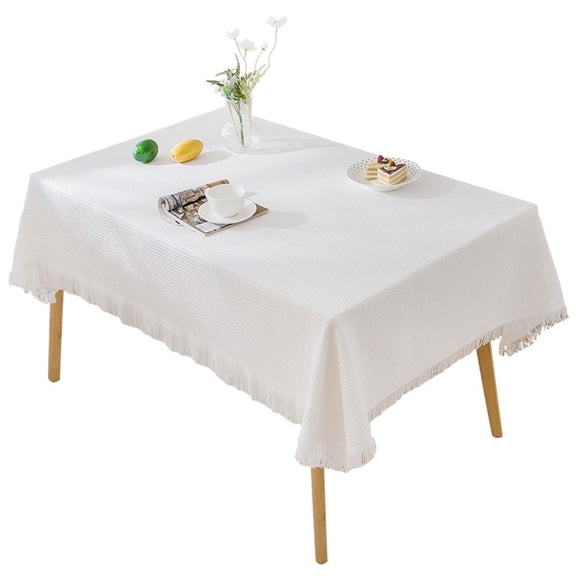 Polyester-cotton Linen Tablecloth Rustic Farmhouse Square Tablecloths Burlap Table Covers with Tassel for Kitchen Dinning Picnic Wedding White 51x70 Inch