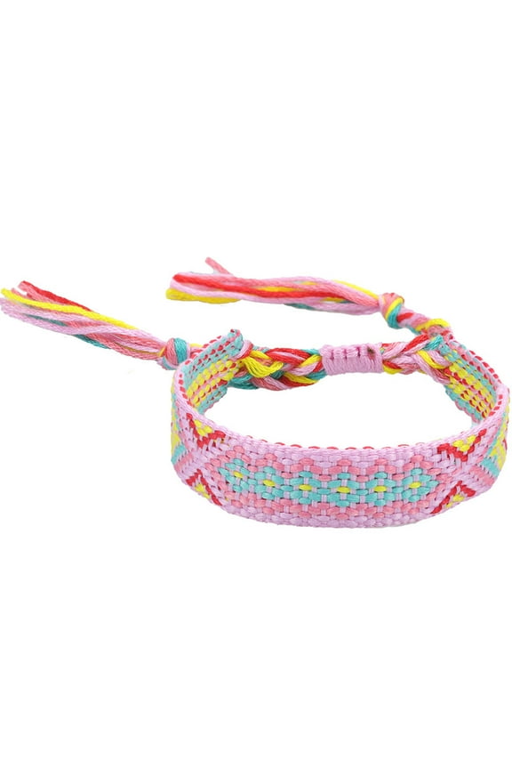 Polyester-cotton Rhombus Pattern Cord Bracelet Ethnic Tribal Adjustable Brazilian Bracelet for Women Pearl Pink 5-7/8~11 inch(15~28cm)