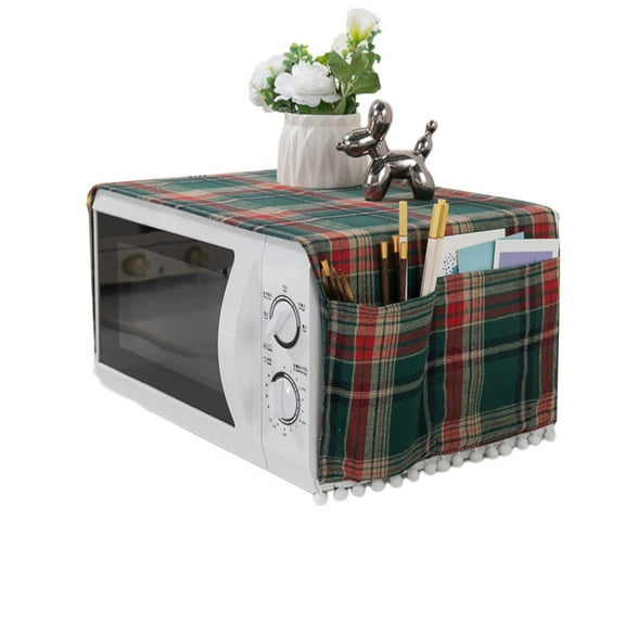 Polyester cotton microwave dust cover designed to shield your appliance from dust, water splashes, and keep kitchen neat with convenient side storage (Colorful)