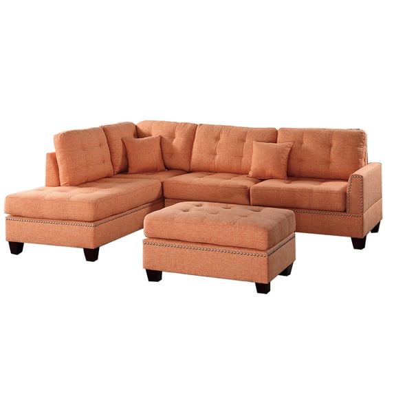 Polyfiber 3 Piece Sectional Set With Plush Cushion In Orange