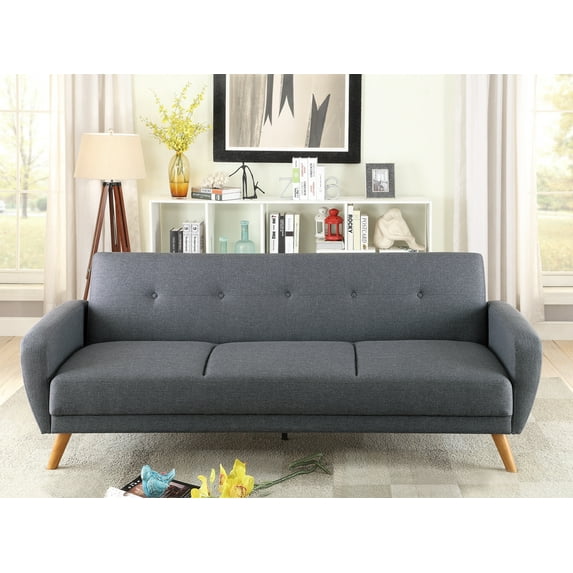 Polyfiber Adjustable Sofa With Button Tufted Back In Blue Gray