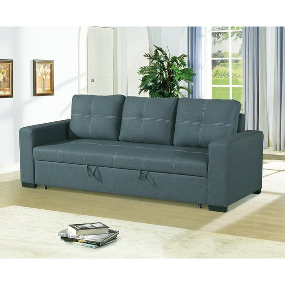 Polyfiber Convertible In Blue Grey, 3 Seats With Square Arms Grey Sleeper For 3 - Easily Switch To Clear Lines & Stitching Hint Arm Singularity