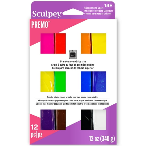 Sculpey Premo: Multipack - Classic Mixing Colors - 12 Shades, 1oz Bars, Sampler Pack, Non-Toxic, Sculpt-Model Projects, Adult Arts-Crafts Supplies