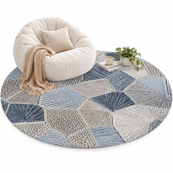 Polygon Area Rug 4', Modern Minimalist Blue Gray Geometric Thread ...