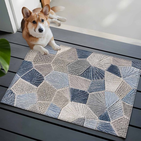 Polygon Area Rug, Modern Minimalist Blue Gray Geometric Thread Texture Non-Slip Felt Rubber Backing Rectangle Indoor Carpet Washable Rugs for Living Room Bedroom 2x3ft
