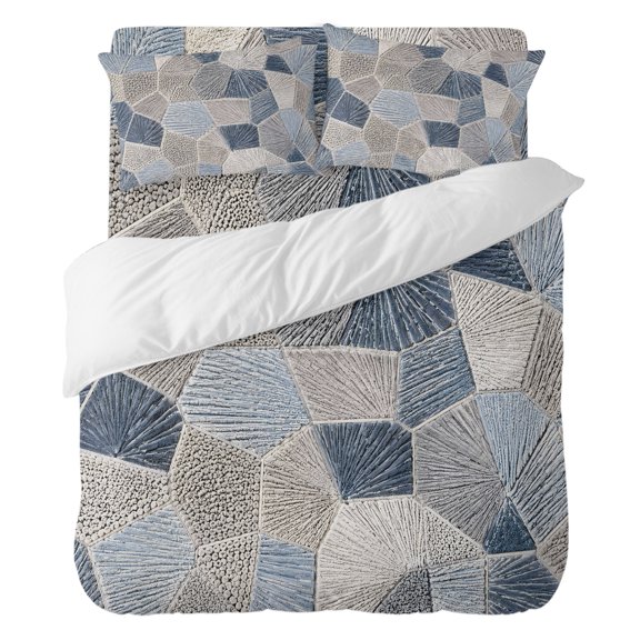 Polygon California King Duvet Cover Set, Modern Minimalist Blue Gray Geometric Thread Texture 4 Piece Microfiber Bedding Set with Zipper Closure, Bed Sheet and 2 Pillow Shams, Soft Bedding Cover