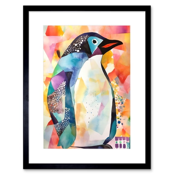 Polygon Colour Penguin Folk Art Artwork Framed Print Wall Art 9X7 Inch