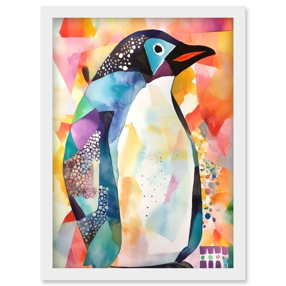Polygon Colour Penguin Folk Art Artwork Framed Wall Art Print A4
