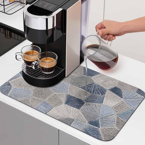 Polygon Dish Drying Mats for Kitchen Counter, Modern Minimalist Blue Gray Geometric Thread Texture Absorbent Coffee Bar Mat with Non-slip Rubber Backed Quick Drying Dish Rack Pad 12"x16"