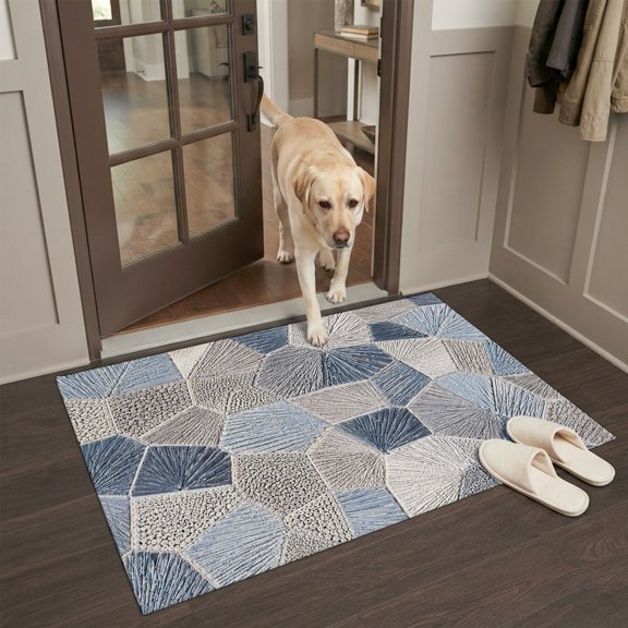 Polygon Front Door Rugs 2x3ft Modern Minimalist Blue Gray Geometric Thread Texture Washable Rug, Non Slip Indoor Carpet Absorbent Floor Mat for Living Room Bedroom Dining Room