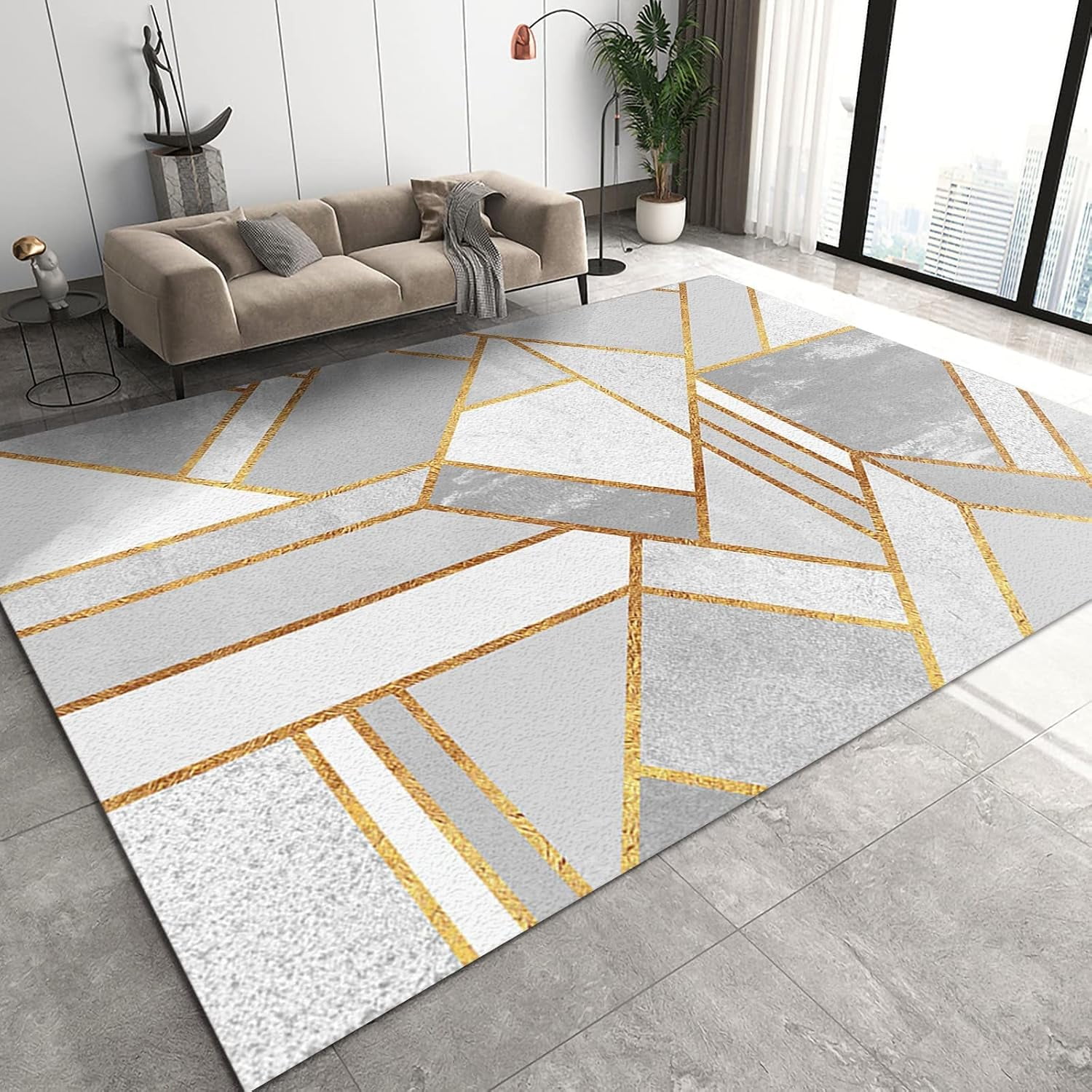 Polygon Geometric Area Rugs, Gold and White Art Carpet, Distressed ...
