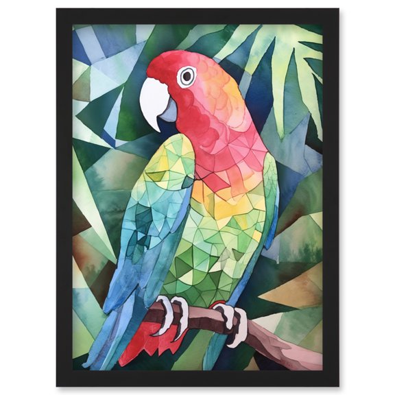 Polygon Parrot Bird On Tree Branch Watercolour Painting Artwork Framed Wall Art Print A4