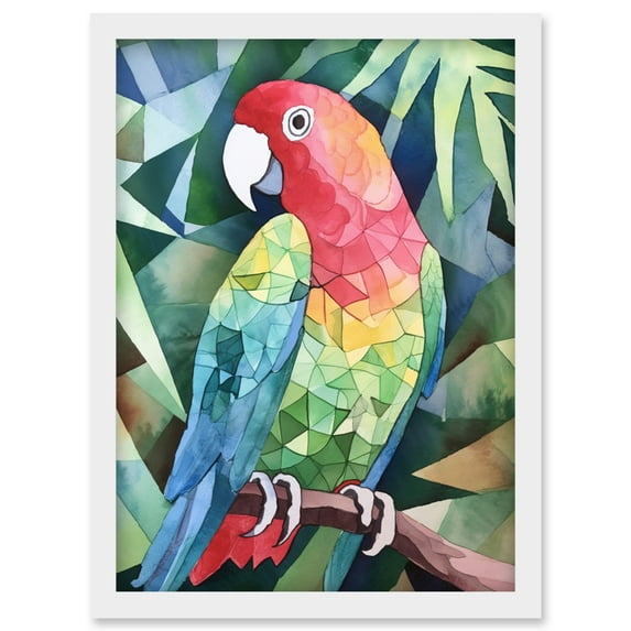 Polygon Parrot Bird On Tree Branch Watercolour Painting Artwork Framed Wall Art Print A4