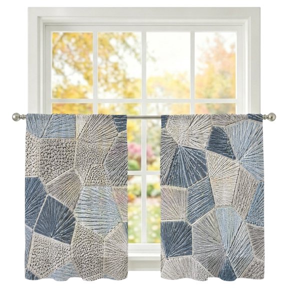 Polygon Sheer Curtains 45 Inches Long, Modern Minimalist Blue Gray Geometric Thread Texture Light Filtering Sheer Window Curtains Drapes for Living Room Bedroom 2 Panels Set