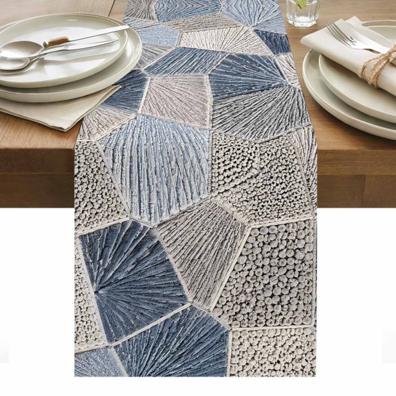 Polygon Table Runner 13x36 Inch Modern Minimalist Blue Gray Geometric Thread Texture Cotton Linen Dining Table Runner Ideal for Dresser Kitchen Coffee Tables - Machine Washable