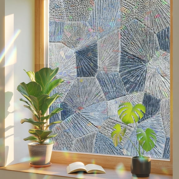 Polygon Window Privacy Film, Modern Minimalist Blue Gray Geometric Thread Texture Static Cling Stained Glass Window Sticker Decorative Removable Rainbow Film for Glass 17.7”x39.3”