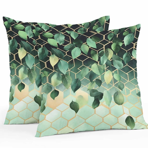Polygonal Leaves Outdoor Pillow Covers Pack of 2 Gold Green Watercolor Style Waterproof Throw Pillow Covers Decorative Cushion Cases for Patio Garden Tent Balcony Couch 16x16 inch