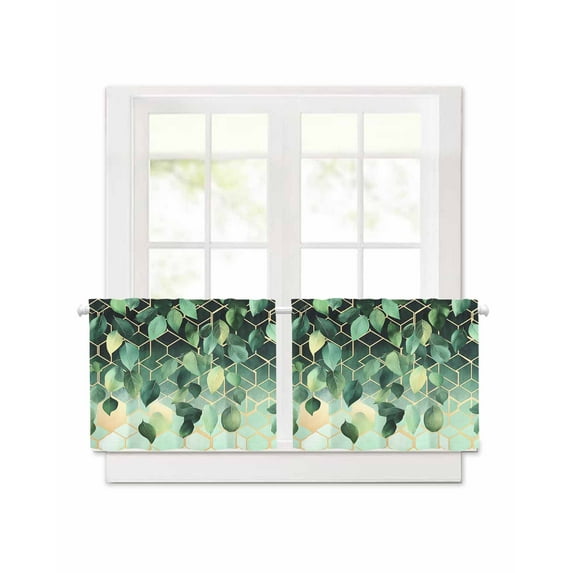 Polygonal Leaves Short Blackout Curtains 24 Inch Long Gold Green Watercolor Style Rod Pocket Kitchen Curtains, 2 Panels Thermal Insulated Room Darkening Drapes for Bedroom, 30"W x 24"L