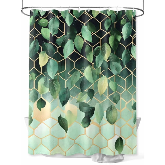 Polygonal Leaves Shower Curtain, Gold Green Watercolor Style Waterproof Shower Curtain Set with 12 Hooks Lightweight Washable Fabric Shower Curtains for Bathroom 72x78 Inches