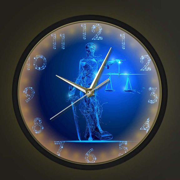 Polygonal Themis Justice Goddess Voice Control LED Lighting Silent Quartz Wall Clock for Legal Law Office Home Decor Futuristic Justice Law Judgement Attorney Home Decor
