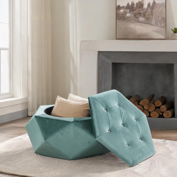 Polygonal Velvet Storage Ottoman with Diamond Tufting, Rich Green - 34 Large Multi-Functional Footrest and Concealed Storage