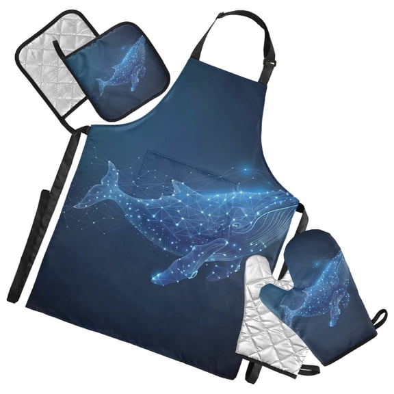Polygons Blue Whale 5 Pcs Kitchen Set Heat Resistant Oven Mitts and Non-Slip Pot Holders with Adjustable Cooking Apron