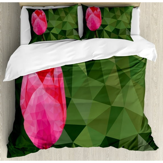 Polygons Duvet Cover Set, Pinkish Tulip Flower Petal on Mosaic Triangles Background Print, Decorative 3 Piece Bedding Set with 2 Pillow Shams, Queen Size, Olive Green and Hot Pink, by Ambesonne